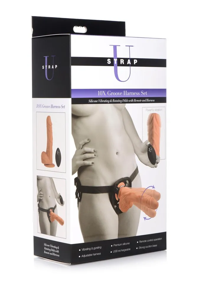 STRAP U Strap U Groove Harness Set Silicone Vibrating and Rotating Dildo with Remote Control and Harness Female Sex Toys